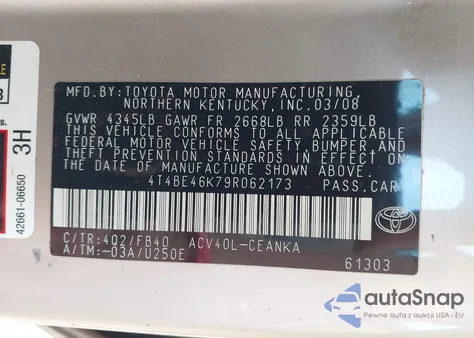 2009 Toyota Camry Le from USA, damaged, VIN 4T4BE46K79R062173